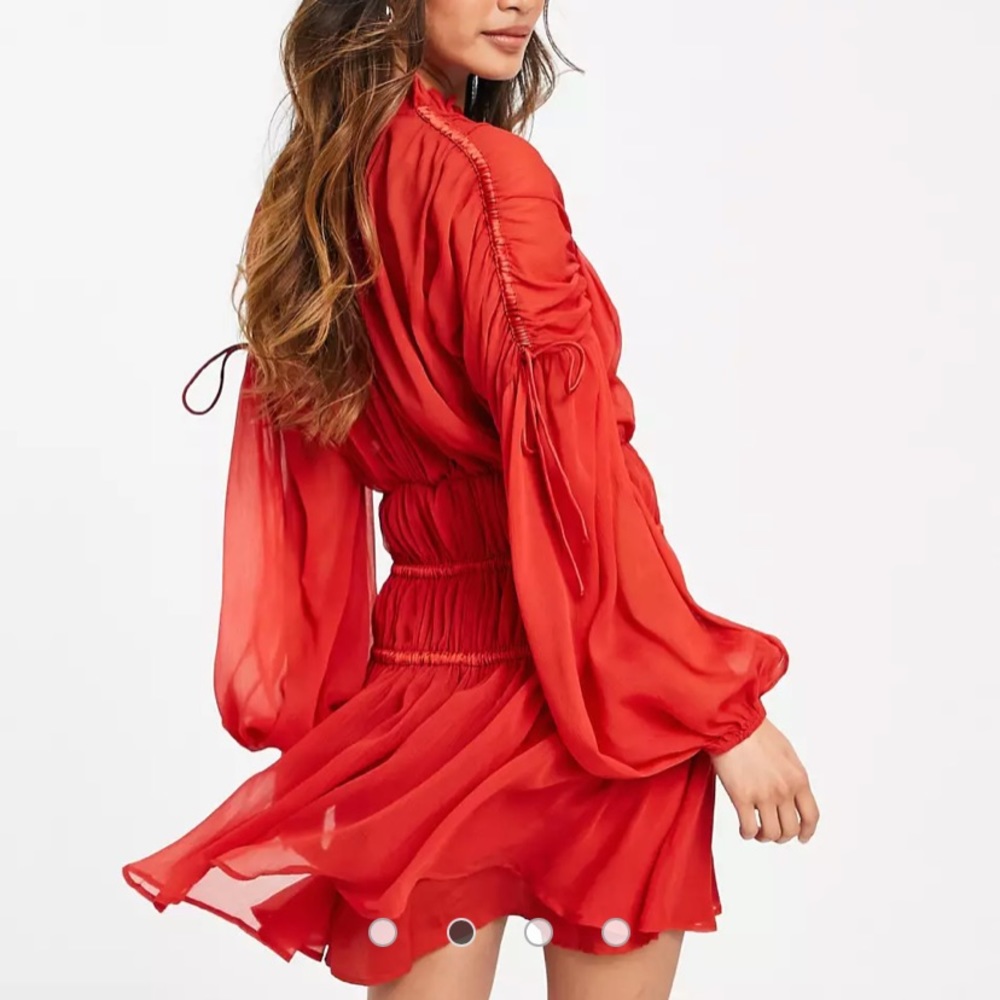 ASOS DESIGN tie neck mini dress with blouson sleeve in red